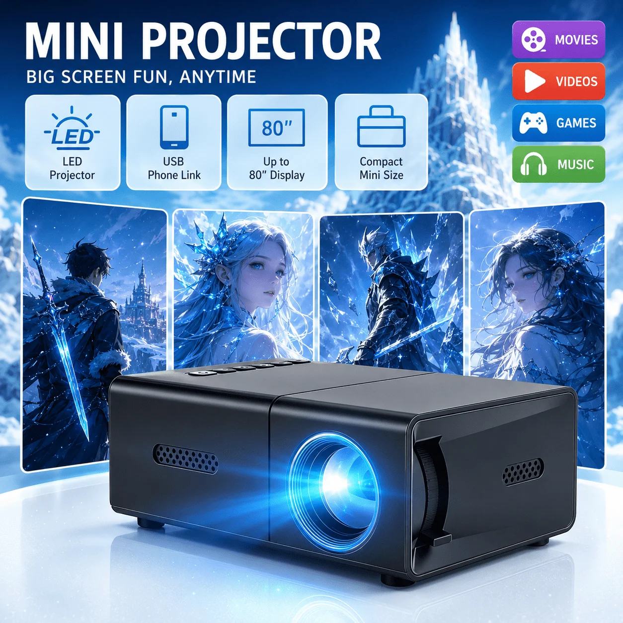 Retro Gaming Projector - Mini taşınabilir projektör, ev sineması ve