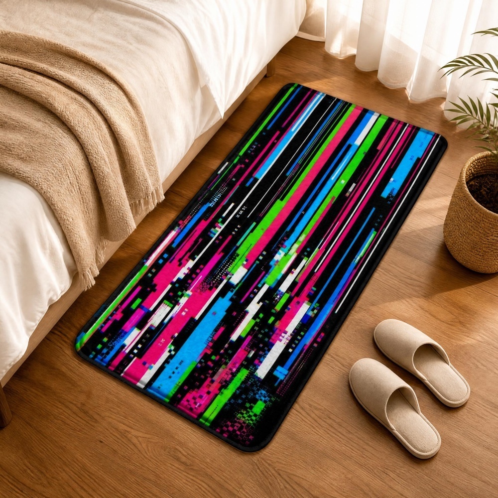 Retro Gaming Rug - Siberpunk Glitch Renkli Dikey Çizgili Baskılı